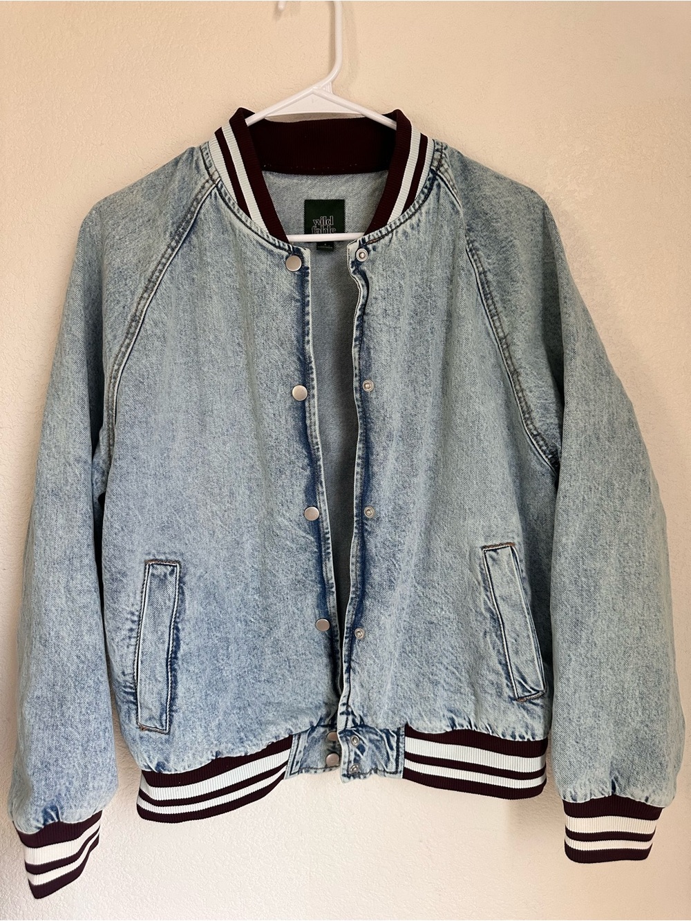 wild fable Light Wash Denim Bomber Jacket with Burgundy & White Trim